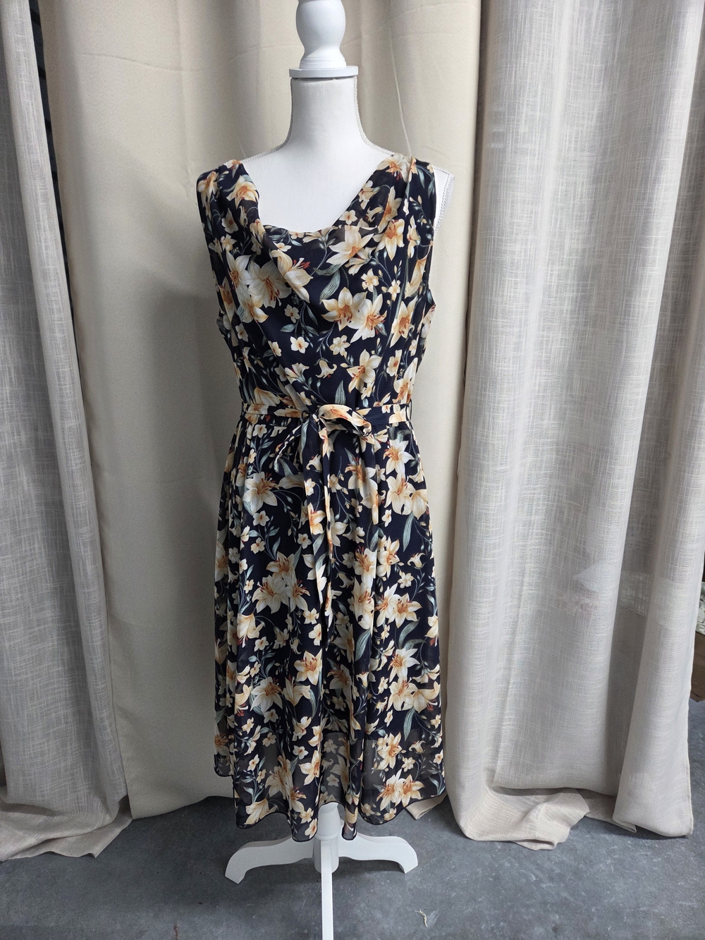 Enfocus Studio Navy Floral Cowl Neck Midi Dress Summer Size 14W